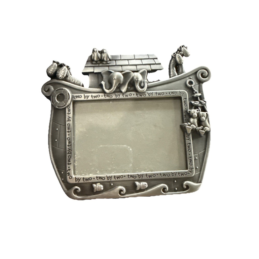 Pewter Photo Frame Noah's Ark Two By Two Baby Toddler Holds Photo 3.5 In x 5 In